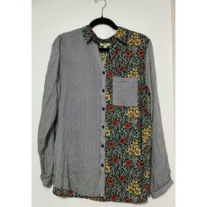 Kori America Mixed Print Button Down Shirt Floral Stripe Patch Pocket Boho M